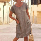 Caroline | Women's Cotton Linen Short Sleeve Midi Dress, Flattering Summer Dress for Holidays and Everyday Wear, Flattering Summer Dress for Holidays and Everyday Wear - Khaki