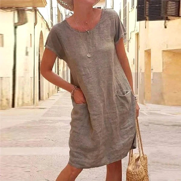 Caroline | Women's Cotton Linen Short Sleeve Midi Dress, Flattering Summer Dress for Holidays and Everyday Wear, Flattering Summer Dress for Holidays and Everyday Wear - Khaki