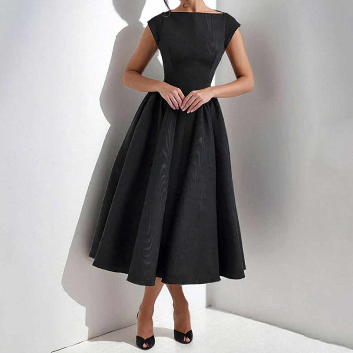 Caroline | Women's White Graduation Dress With Cap Sleeves, Flattering Summer Dress for Holidays and Everyday Wear, Flattering Summer Dress for Holidays and Everyday Wear - Black