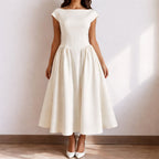 Caroline | Women's White Graduation Dress With Cap Sleeves, Flattering Summer Dress for Holidays and Everyday Wear, Flattering Summer Dress for Holidays and Everyday Wear - Beige