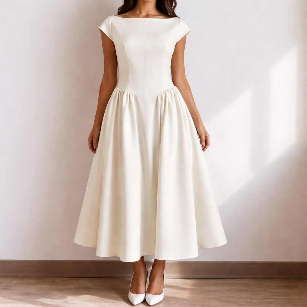 Caroline | Women's White Graduation Dress With Cap Sleeves, Flattering Summer Dress for Holidays and Everyday Wear, Flattering Summer Dress for Holidays and Everyday Wear - Beige