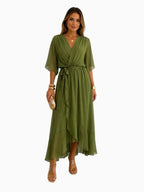 Casey | Women's Wrap-Front Chiffon Midi Dress, Flowing Occasion Dress | Direct Attire | Olijf Groen