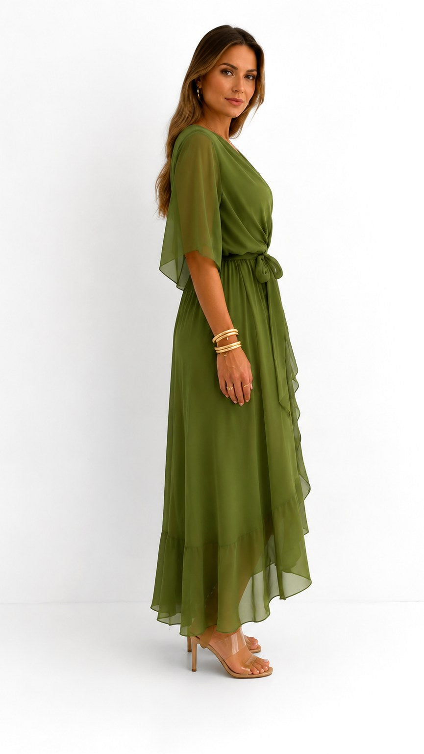Casey | Women's Wrap-Front Chiffon Midi Dress, Flowing Occasion Dress | Direct Attire