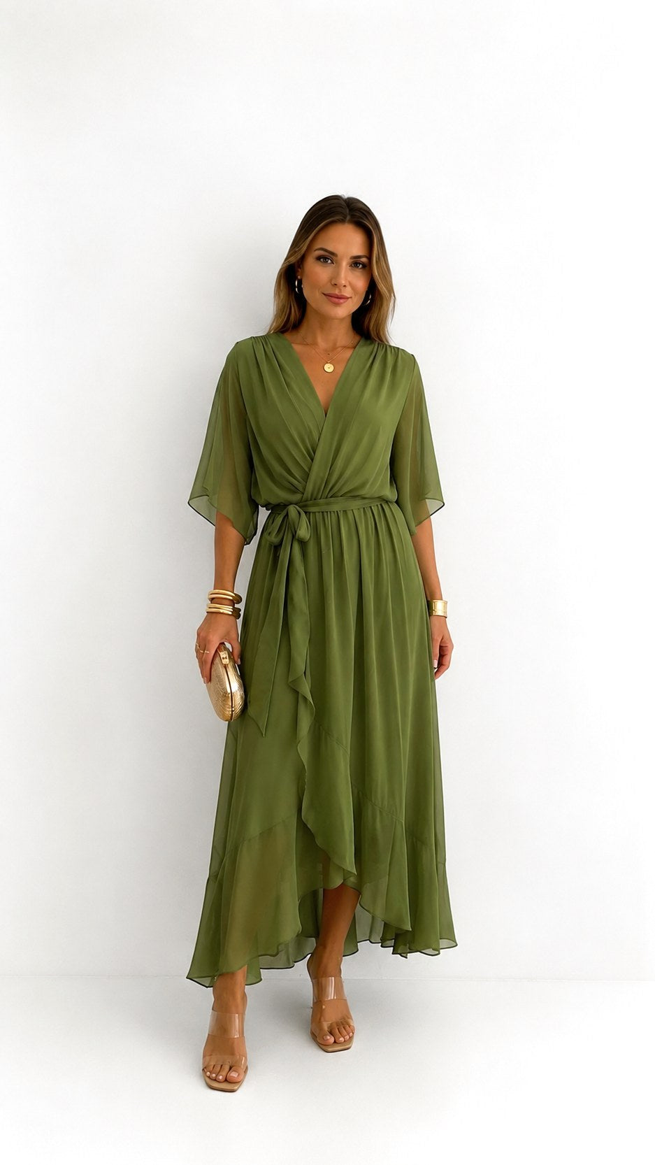 Casey | Women's Wrap-Front Chiffon Midi Dress, Flowing Occasion Dress | Direct Attire | Zwart