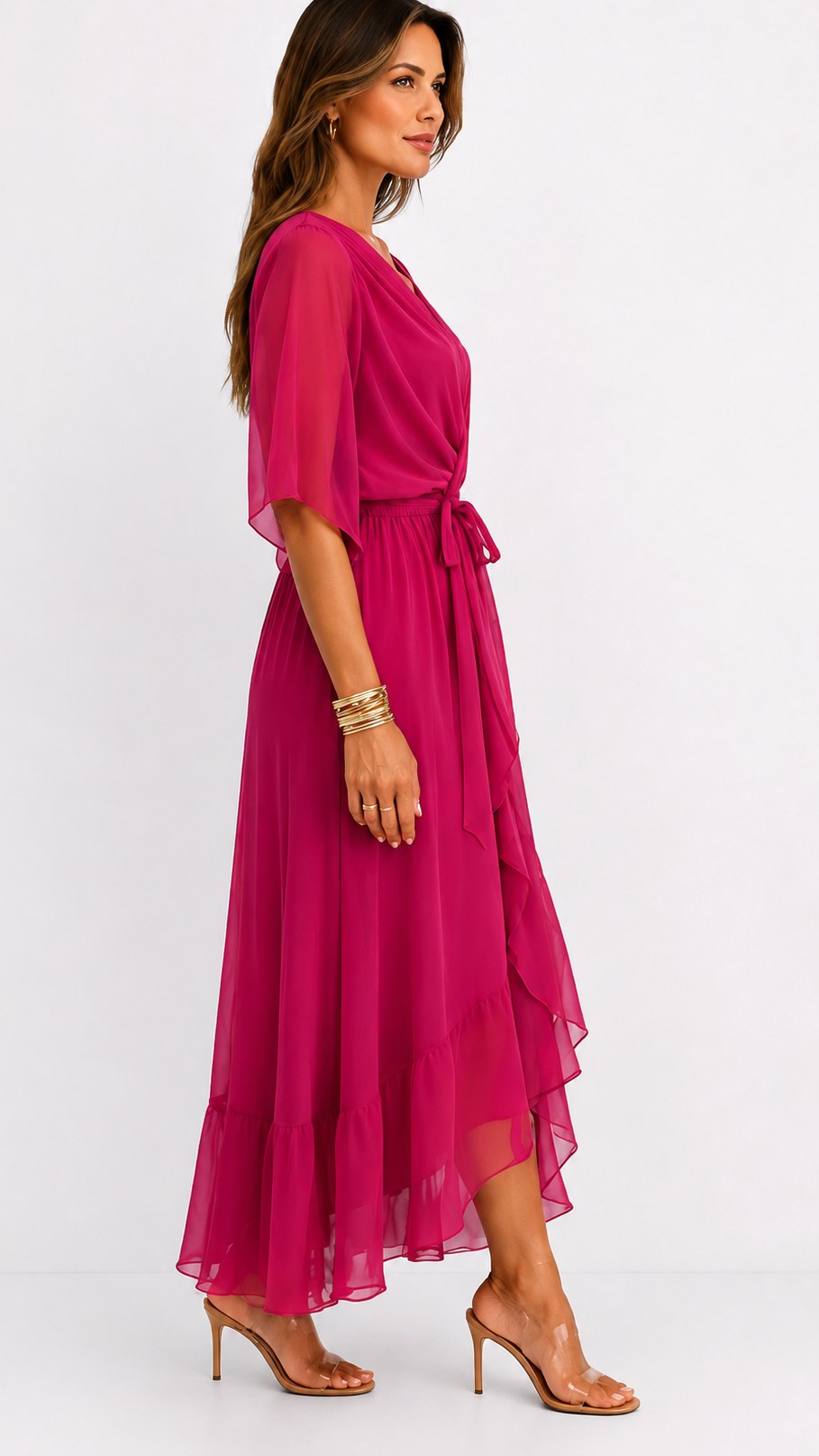 Casey | Women's Wrap-Front Chiffon Midi Dress, Flowing Occasion Dress | Direct Attire