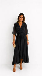 Casey | Women's Wrap-Front Chiffon Midi Dress, Flowing Occasion Dress | Direct Attire | Blauw