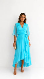 Casey | Women's Wrap-Front Chiffon Midi Dress, Flowing Occasion Dress | Direct Attire | Roze