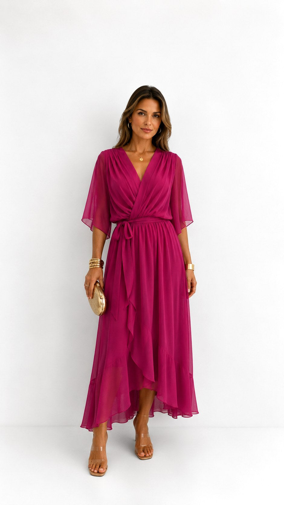 Casey | Women's Wrap-Front Chiffon Midi Dress, Flowing Occasion Dress | Direct Attire | Grijs