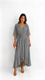 Casey | Women's Wrap-Front Chiffon Midi Dress, Flowing Occasion Dress | Direct Attire | Wit