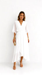 Casey | Women's Wrap-Front Chiffon Midi Dress, Flowing Occasion Dress | Direct Attire | Bordeaux Rood