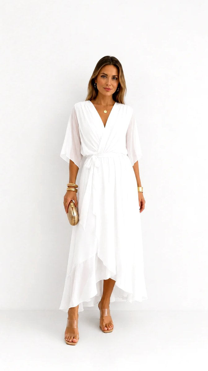 Casey | Women's Wrap-Front Chiffon Midi Dress, Flowing Occasion Dress | Direct Attire | Bordeaux Rood