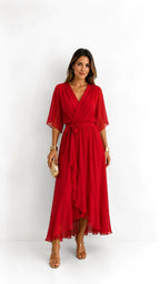 Casey | Women's Wrap-Front Chiffon Midi Dress, Flowing Occasion Dress | Direct Attire | Oranje
