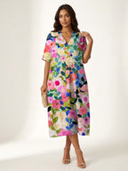 Cassandra | Women's Lightweight Midi Dress with Nature Print, V-Neck Midi Dress | Direct Attire | Bloem 1