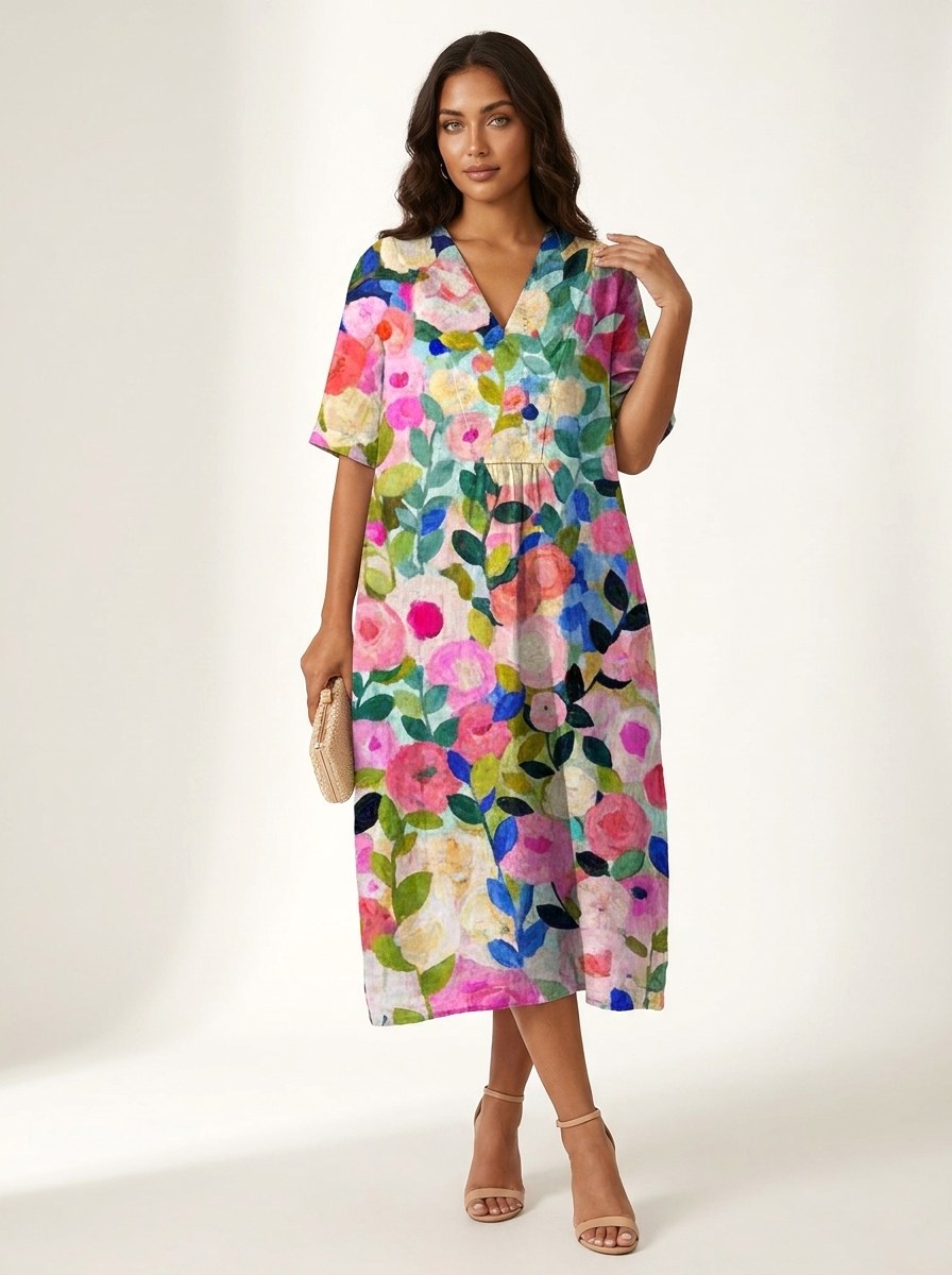 Cassandra | Women's Lightweight Midi Dress with Nature Print, V-Neck Midi Dress | Direct Attire | Bloem 1