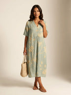 Cassandra | Women's Lightweight Midi Dress with Nature Print, V-Neck Midi Dress | Direct Attire | Bloem 11