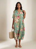 Cassandra | Women's Lightweight Midi Dress with Nature Print, V-Neck Midi Dress | Direct Attire | Bloem 12
