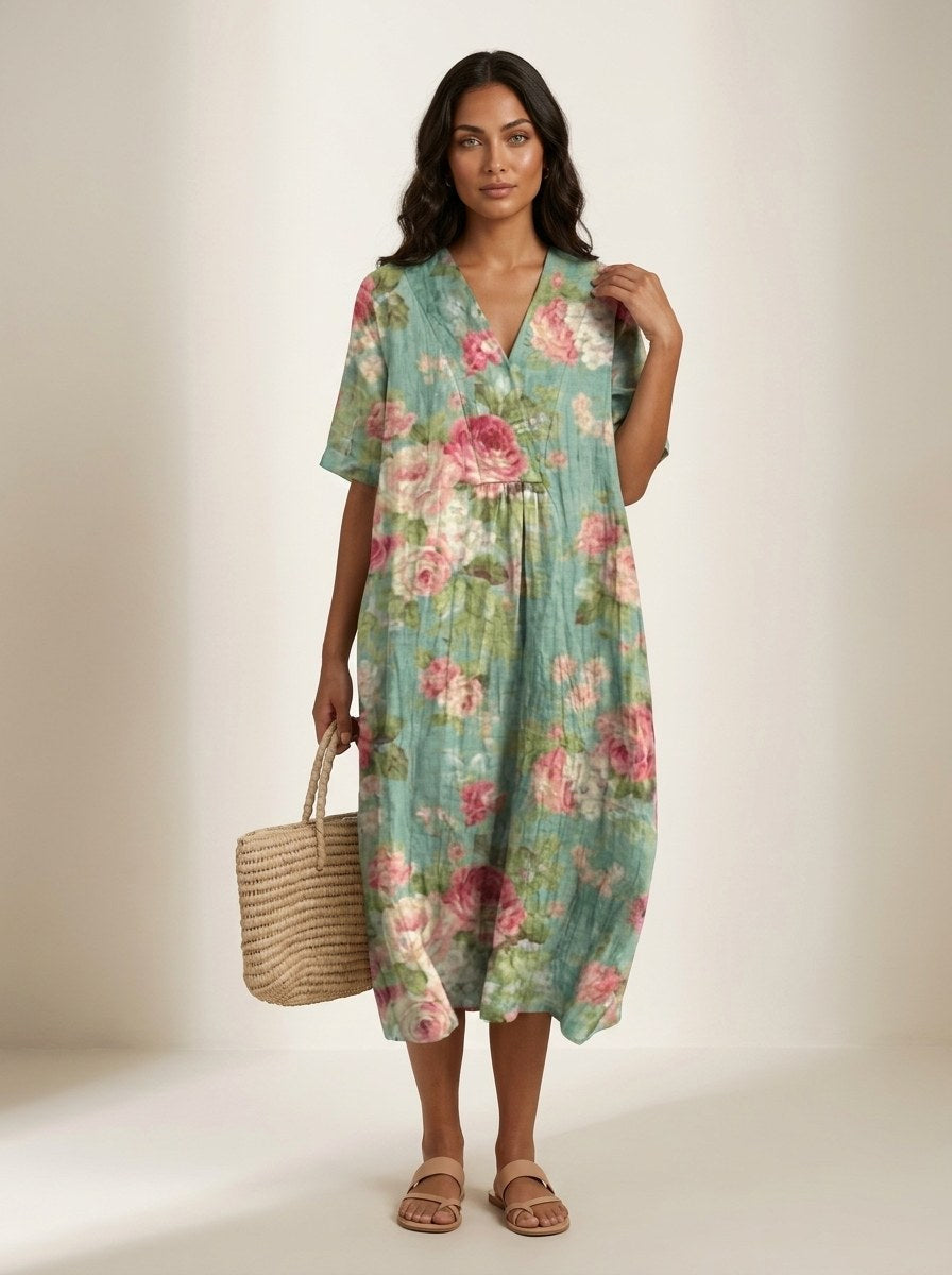 Cassandra | Women's Lightweight Midi Dress with Nature Print, V-Neck Midi Dress | Direct Attire | Bloem 12