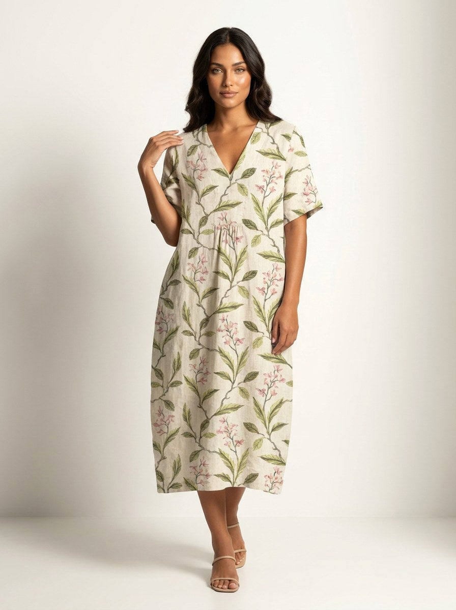 Cassandra | Women's Lightweight Midi Dress with Nature Print, V-Neck Midi Dress | Direct Attire | Bloem 13