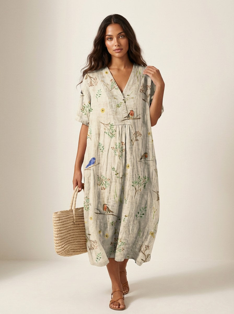 Cassandra | Women's Lightweight Midi Dress with Nature Print, V-Neck Midi Dress | Direct Attire | Bloem 14