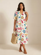 Cassandra | Women's Lightweight Midi Dress with Nature Print, V-Neck Midi Dress | Direct Attire | Bloem 15