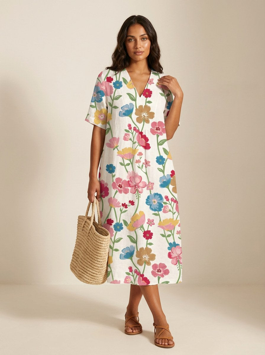 Cassandra | Women's Lightweight Midi Dress with Nature Print, V-Neck Midi Dress | Direct Attire | Bloem 15