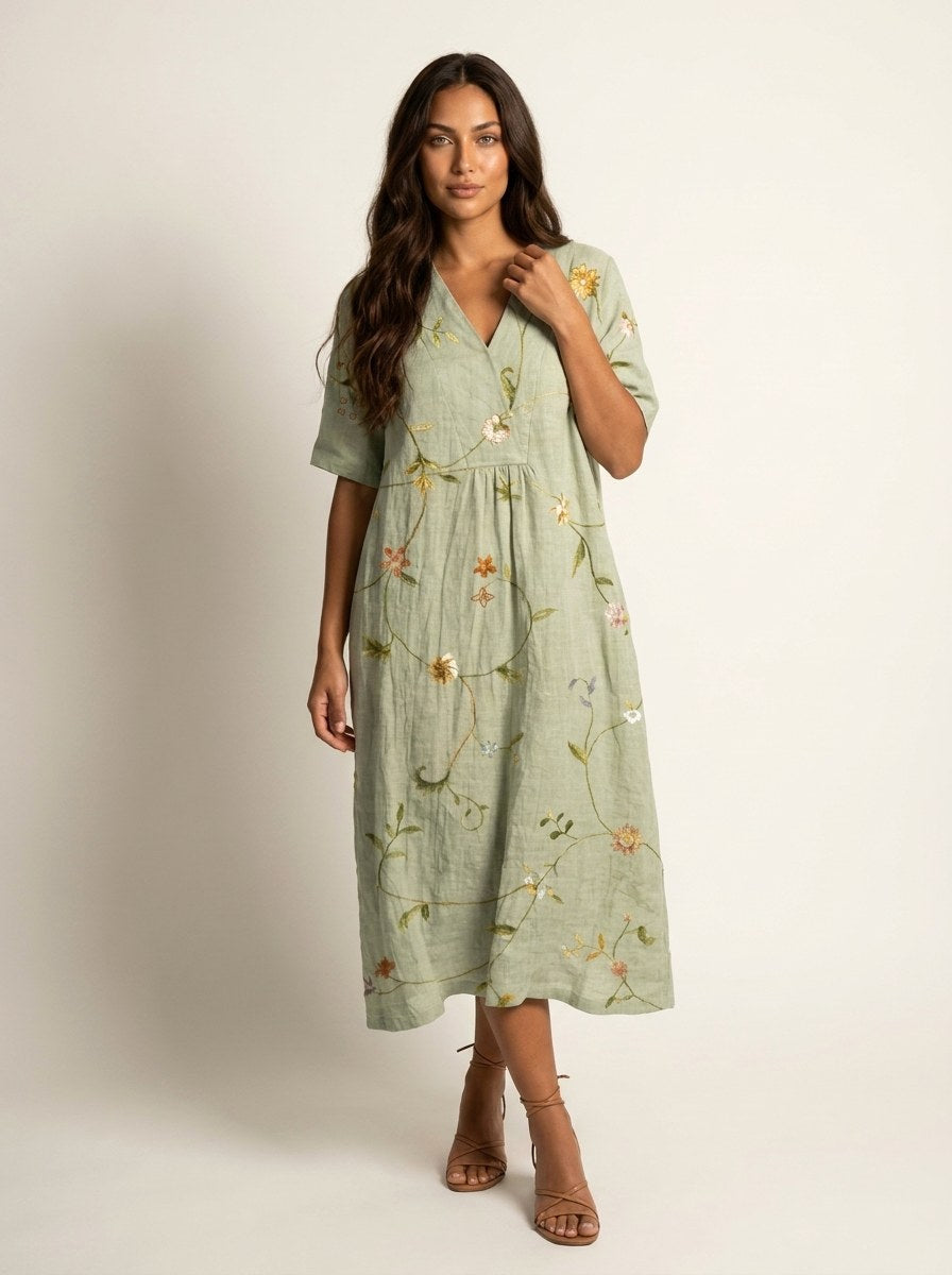 Cassandra | Women's Lightweight Midi Dress with Nature Print, V-Neck Midi Dress | Direct Attire | Bloem 2