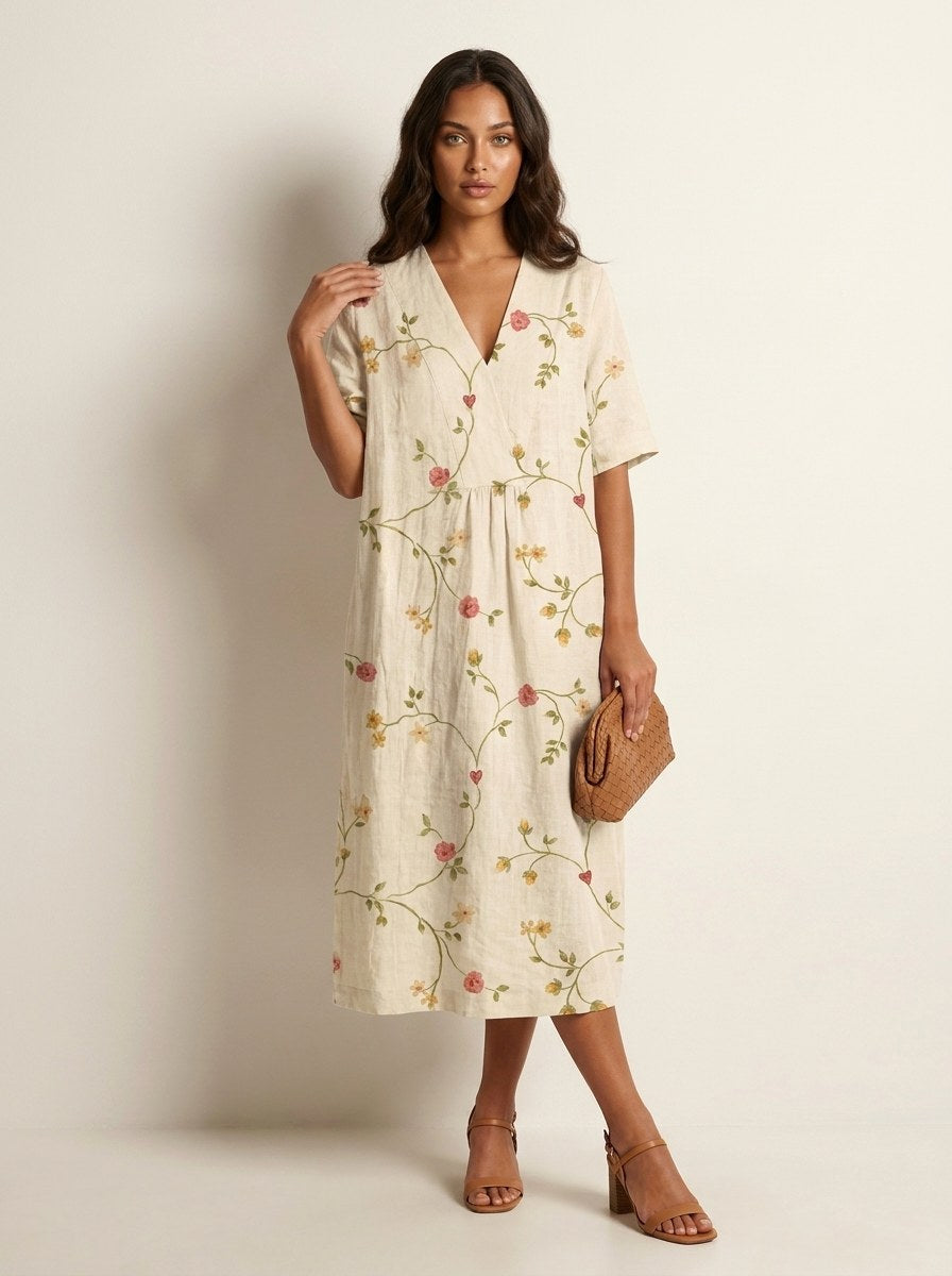Cassandra | Women's Lightweight Midi Dress with Nature Print, V-Neck Midi Dress | Direct Attire | Bloem 5