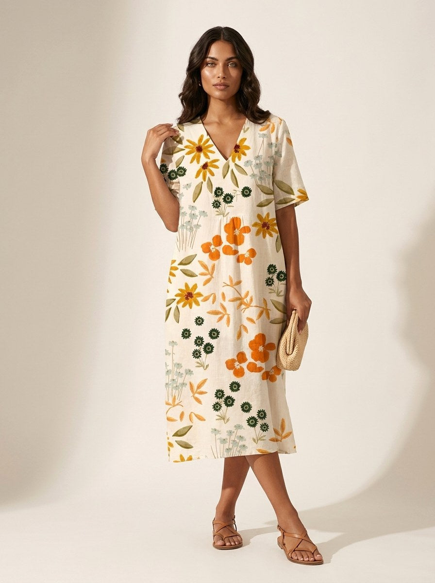 Cassandra | Women's Lightweight Midi Dress with Nature Print, V-Neck Midi Dress | Direct Attire | Bloem 6