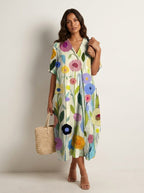 Cassandra | Women's Lightweight Midi Dress with Nature Print, V-Neck Midi Dress | Direct Attire | Bloem 9