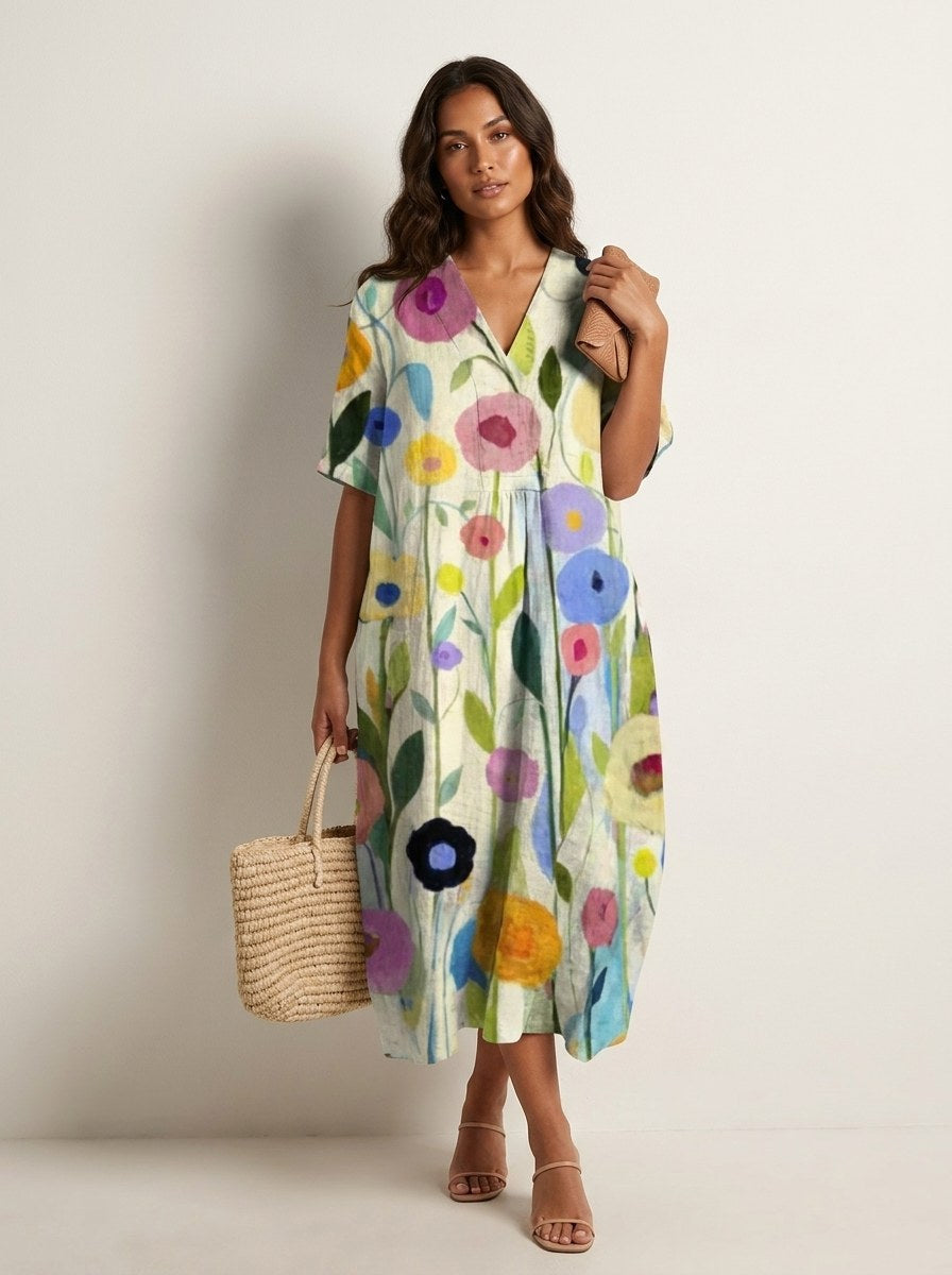 Cassandra | Women's Lightweight Midi Dress with Nature Print, V-Neck Midi Dress | Direct Attire | Bloem 9