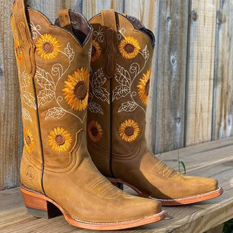 Cassidy | Women's Sunflower Embroidered Western Boots, Comfortable Summer Footwear for Holidays and Everyday Wear, Comfortable Summer Footwear for Holidays and Everyday Wear - Khaki