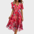 Charlotte | Women's Floral V-Neck Midi Dress, Short Sleeve Midi Dress | Direct Attire | Red