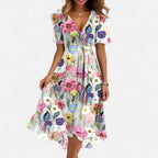 Charlotte | Women's Floral V-Neck Midi Dress, Short Sleeve Midi Dress | Direct Attire | White Floral