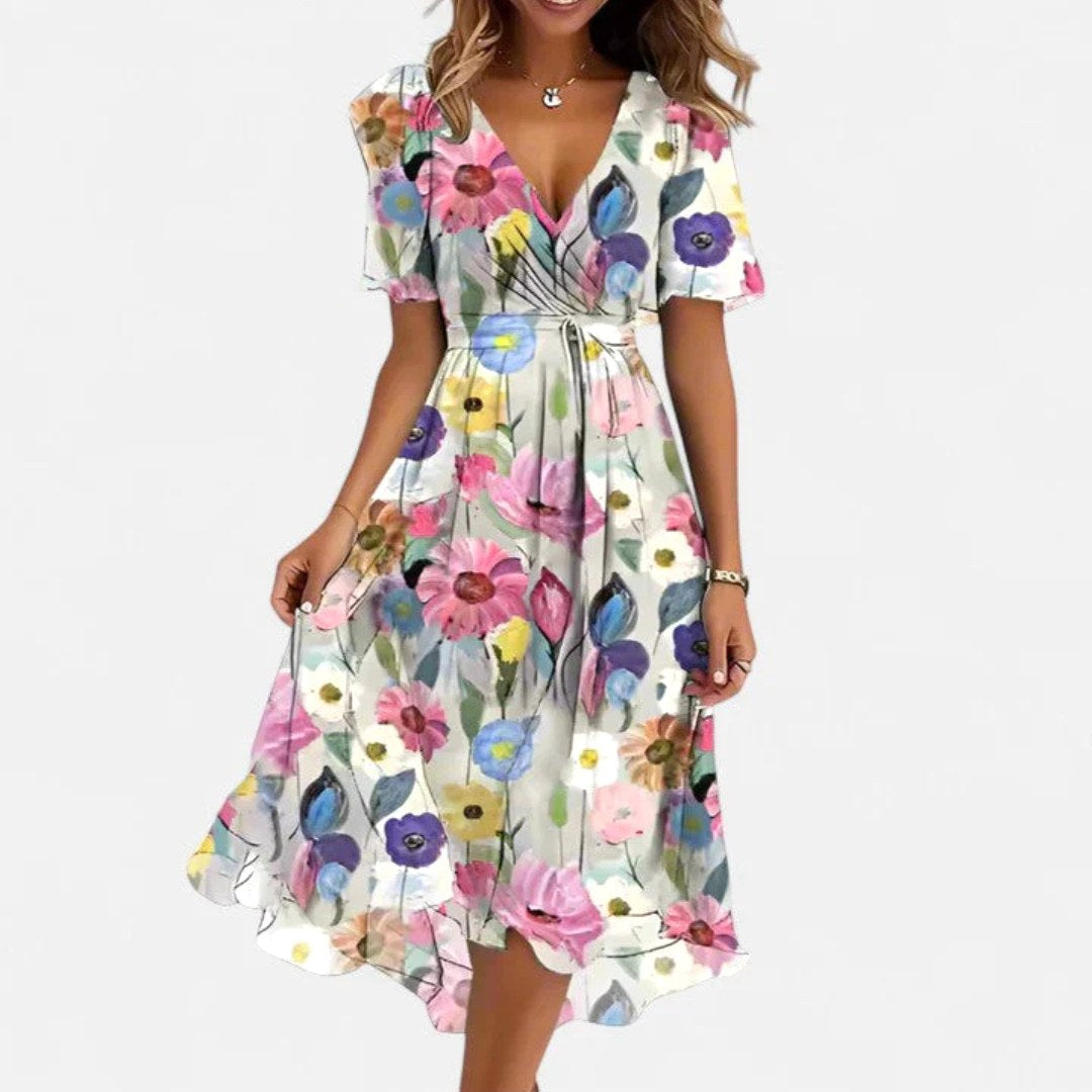 Charlotte | Women's Floral V-Neck Midi Dress, Short Sleeve Midi Dress | Direct Attire | White Floral