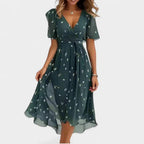 Charlotte | Women's Floral V-Neck Midi Dress, Short Sleeve Midi Dress | Direct Attire | Green