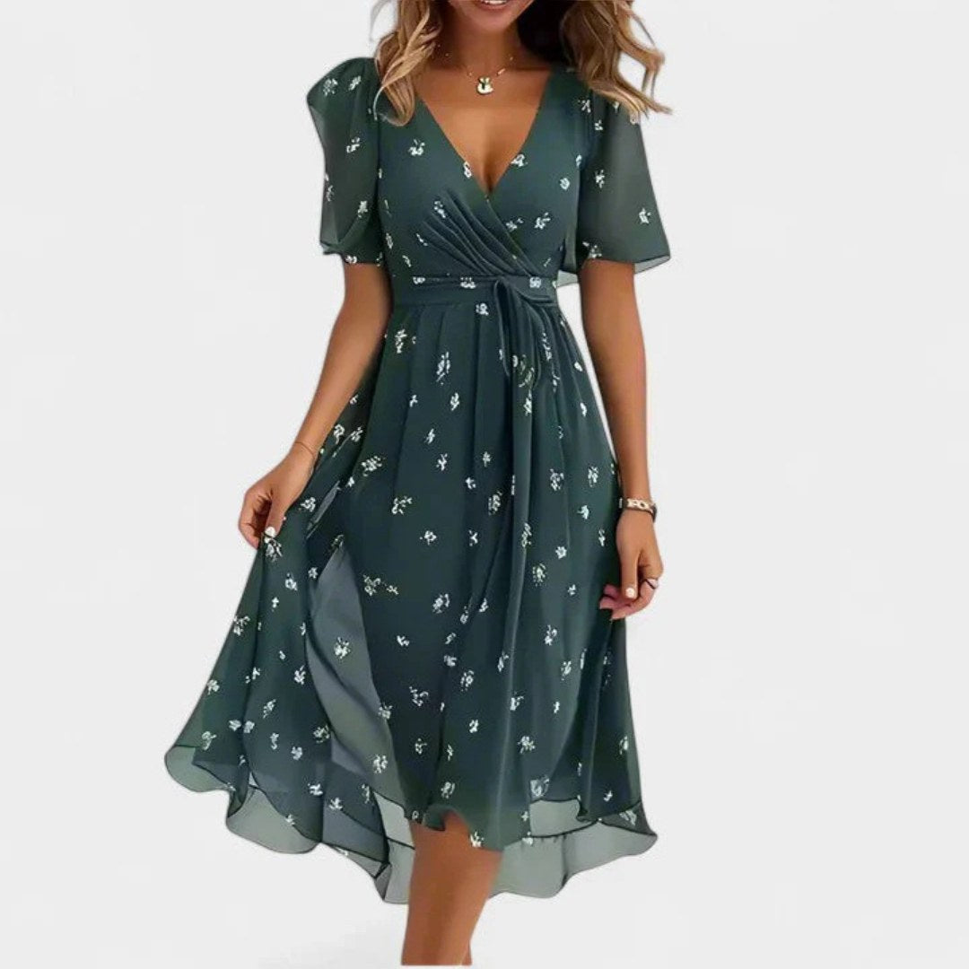 Charlotte | Women's Floral V-Neck Midi Dress, Short Sleeve Midi Dress | Direct Attire | Green