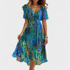 Charlotte | Women's Floral V-Neck Midi Dress, Short Sleeve Midi Dress | Direct Attire | Blue Green