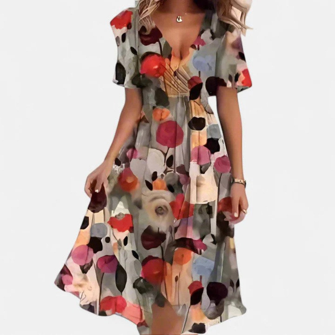 Charlotte | Women's Floral V-Neck Midi Dress, Short Sleeve Midi Dress | Direct Attire | Brown Floral