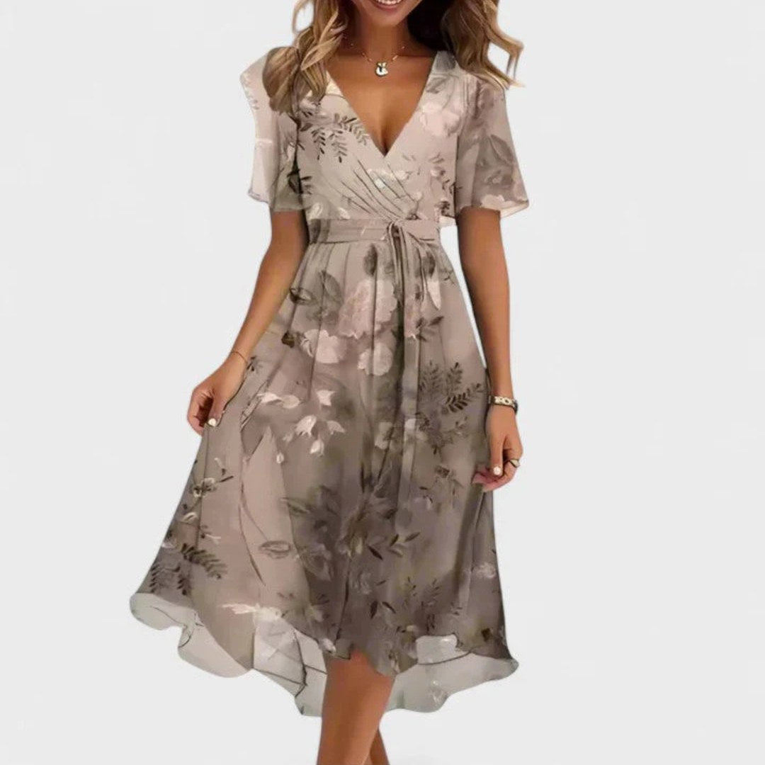 Charlotte | Women's Floral V-Neck Midi Dress, Short Sleeve Midi Dress | Direct Attire | Brown