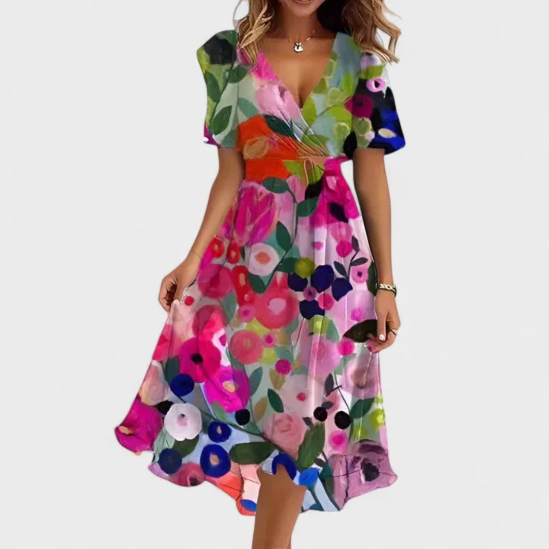 Charlotte | Women's Floral V-Neck Midi Dress, Short Sleeve Midi Dress | Direct Attire | Multicolor Floral