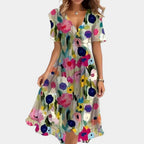 Charlotte | Women's Floral V-Neck Midi Dress, Short Sleeve Midi Dress | Direct Attire | Beige Floral