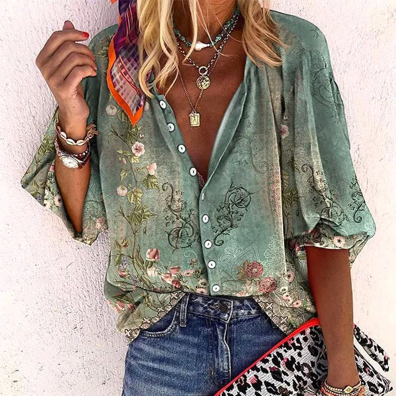 Chelsea | Women's Floral Boho Blouse, V-Neck Relaxed Fit Top | Direct Attire | Groen