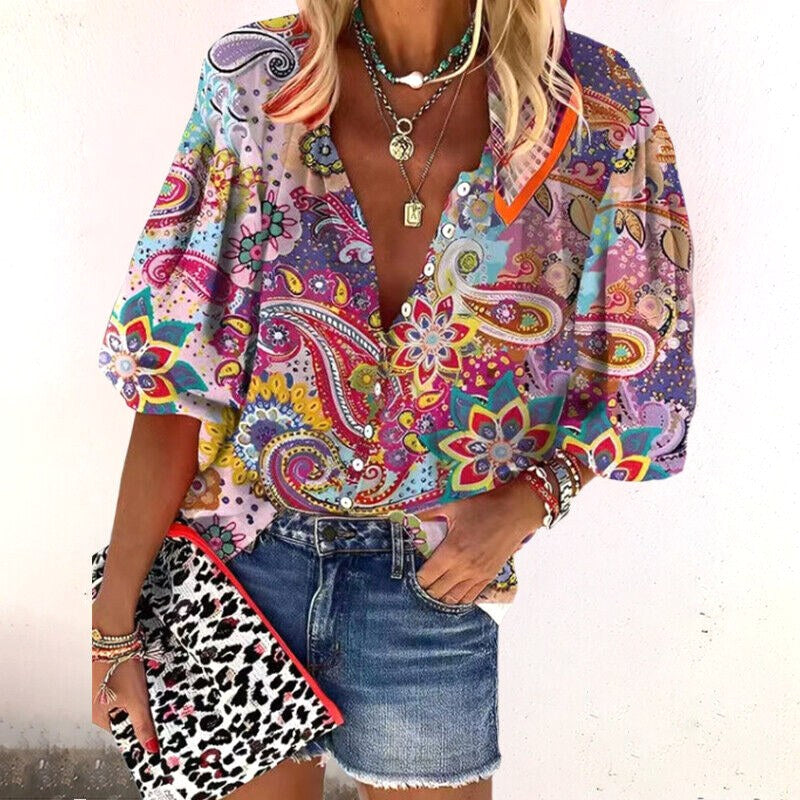 Chelsea | Women's Floral Boho Blouse, V-Neck Relaxed Fit Top | Direct Attire | Roze