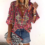 Chelsea | Women's Floral Boho Blouse, V-Neck Relaxed Fit Top | Direct Attire | Rood