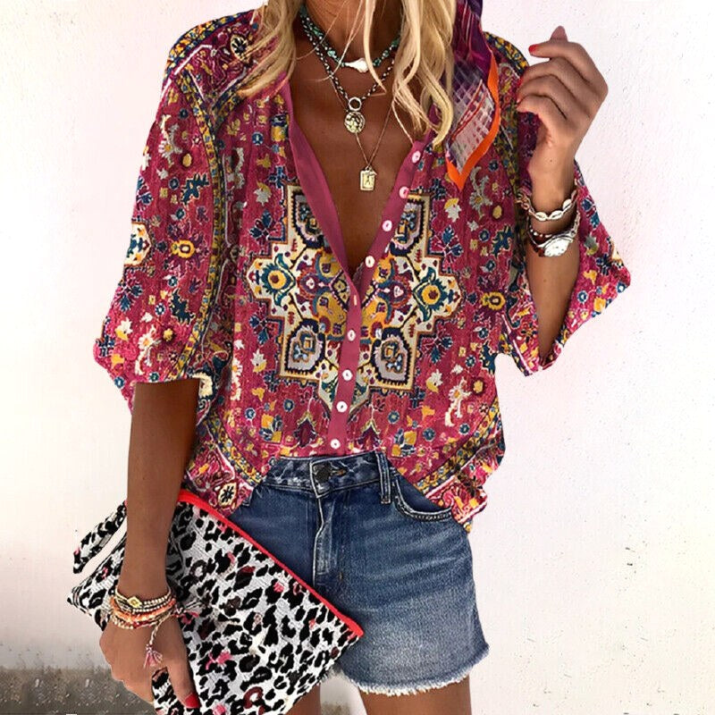 Chelsea | Women's Floral Boho Blouse, V-Neck Relaxed Fit Top | Direct Attire | Rood