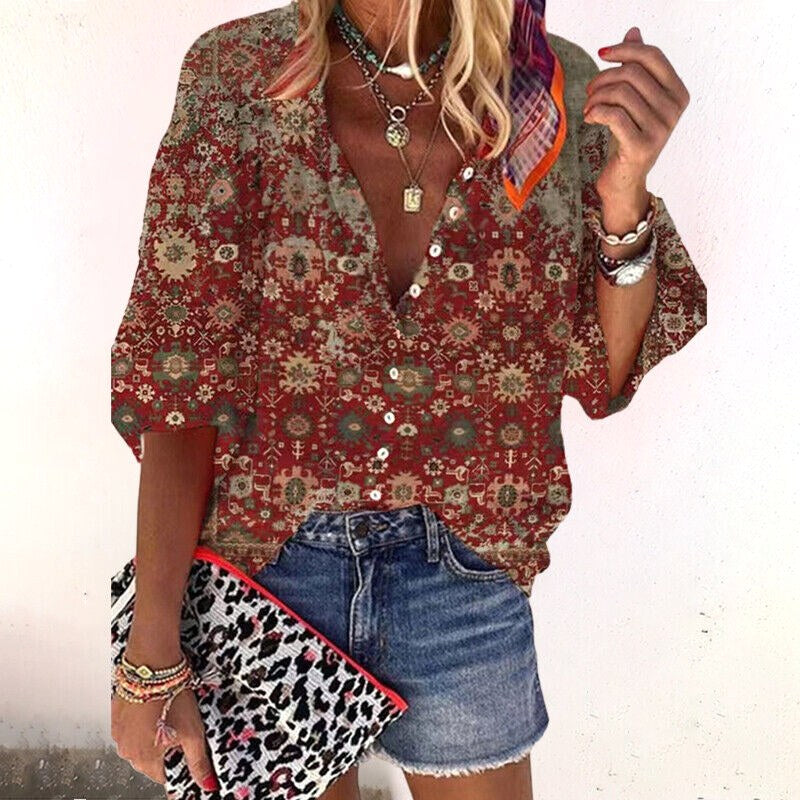 Chelsea | Women's Floral Boho Blouse, V-Neck Relaxed Fit Top | Direct Attire | Bruin