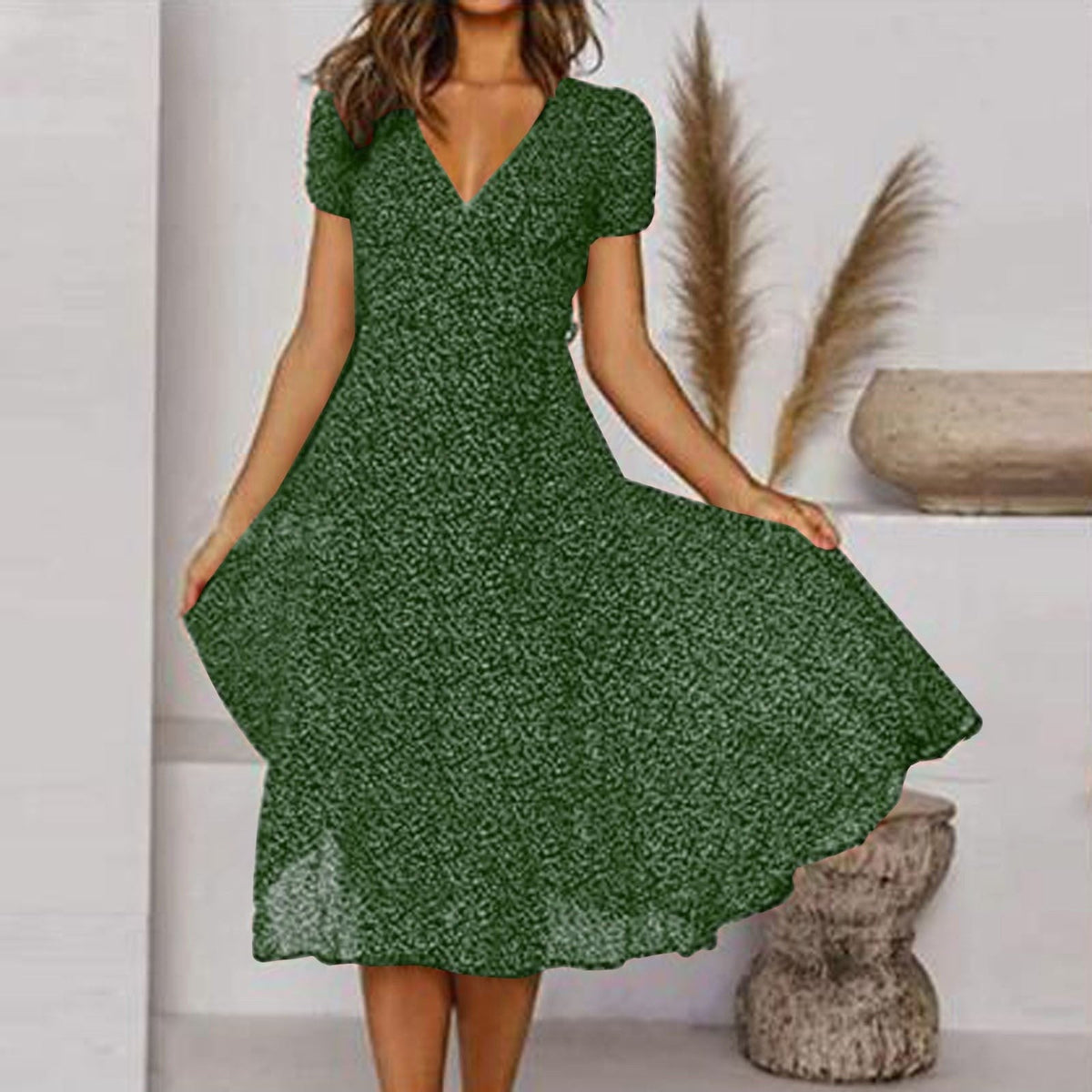 Clara | Women's V-Neck A-Line Midi Dress, Flowing Skirt Autumn Dress | Direct Attire