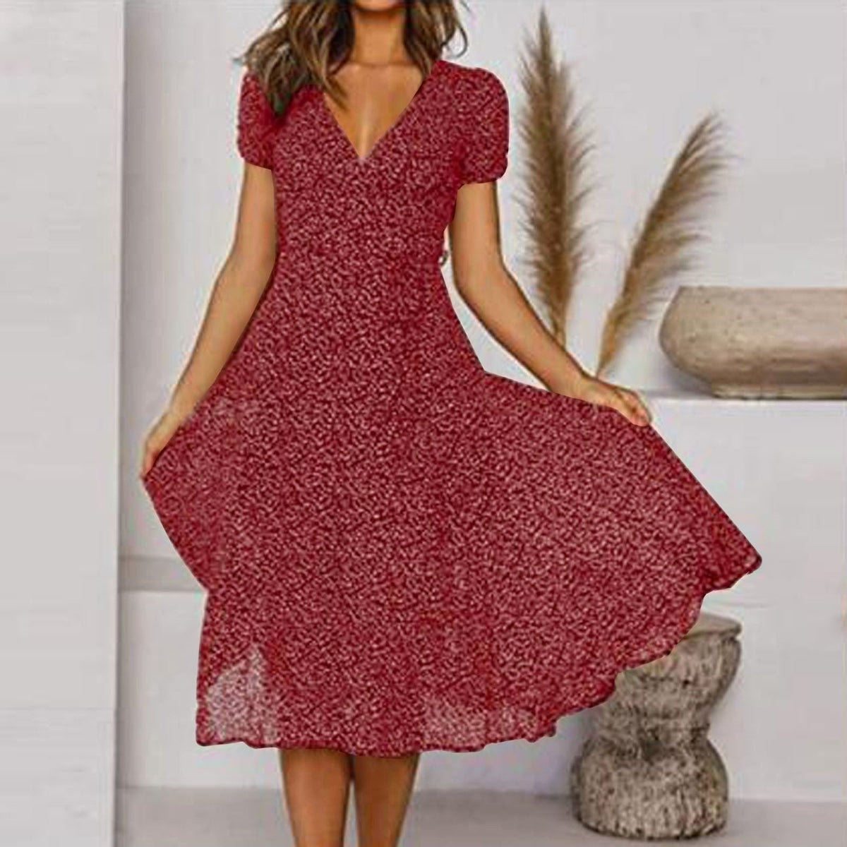 Clara | Women's V-Neck A-Line Midi Dress, Flowing Skirt Autumn Dress | Direct Attire