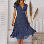 Clara | Women's V-Neck A-Line Midi Dress, Flowing Skirt Autumn Dress | Direct Attire