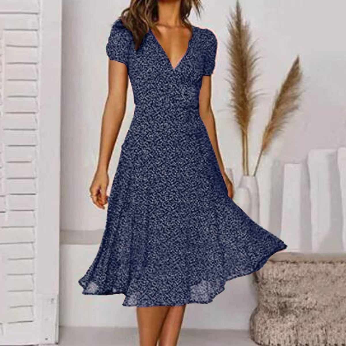 Clara | Women's V-Neck A-Line Midi Dress, Flowing Skirt Autumn Dress | Direct Attire